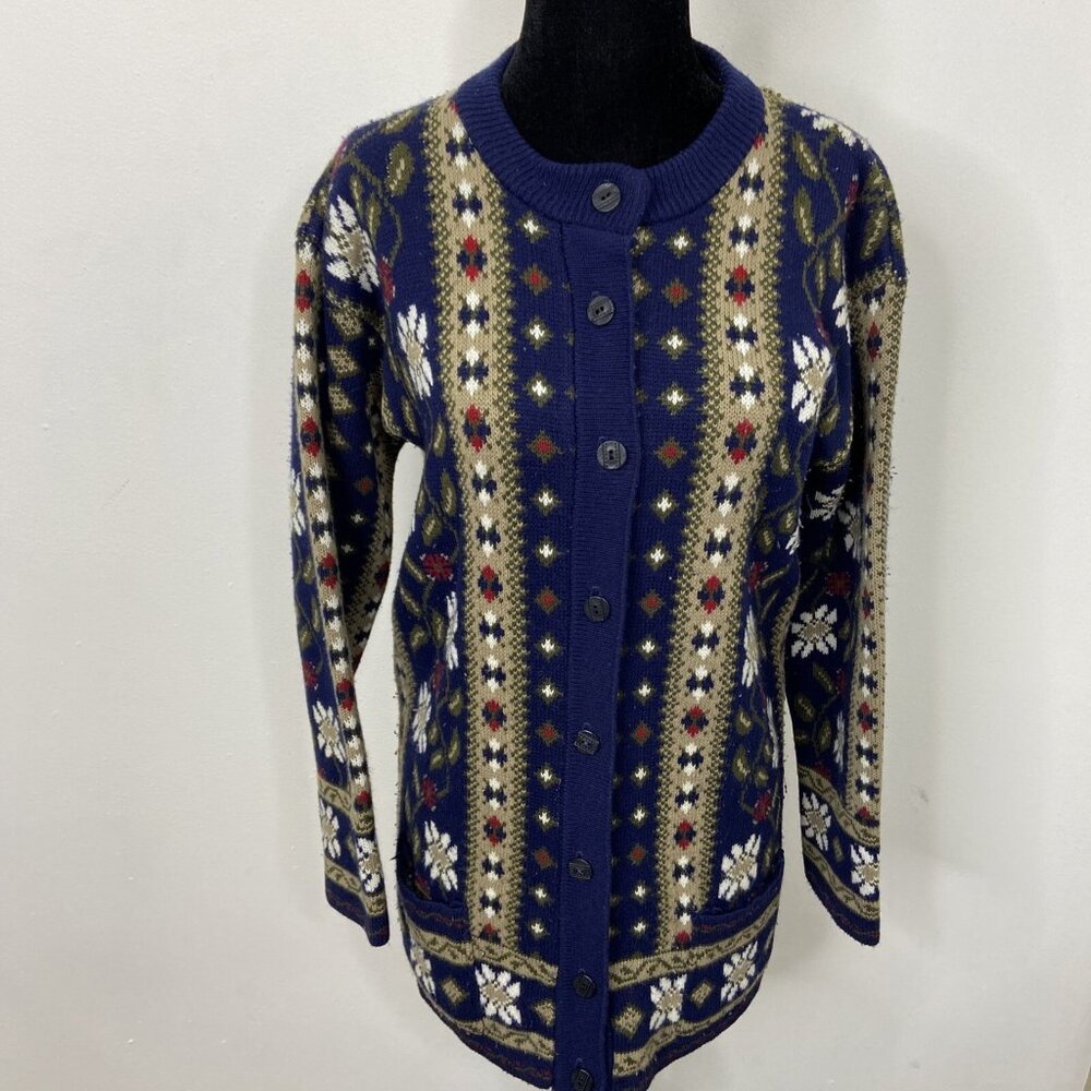 Vintage Esskay Originals Woman 11 M Cardigan Sweater Fair Isle Floral EEC Euro